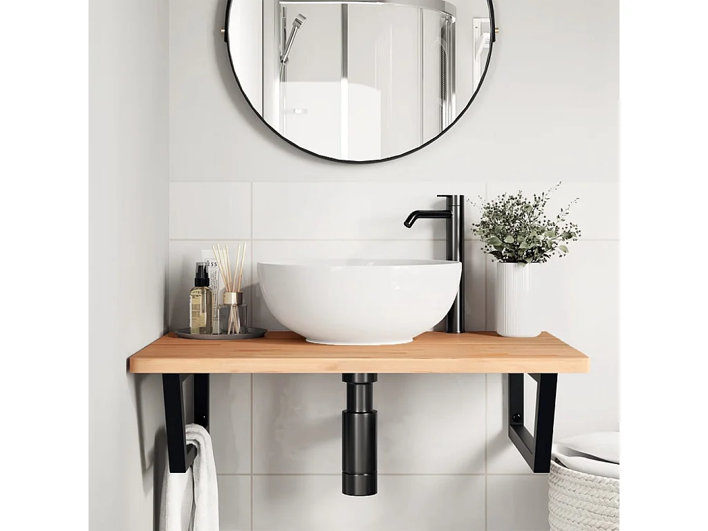 Étagère de vasque murale acier et bois massif de hêtre