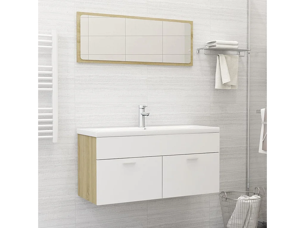 Conjunto de móveis de banho em aglomerado branco e carvalho sonoma