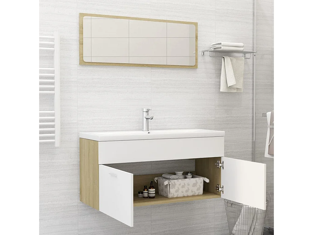 Conjunto de móveis de banho em aglomerado branco e carvalho sonoma