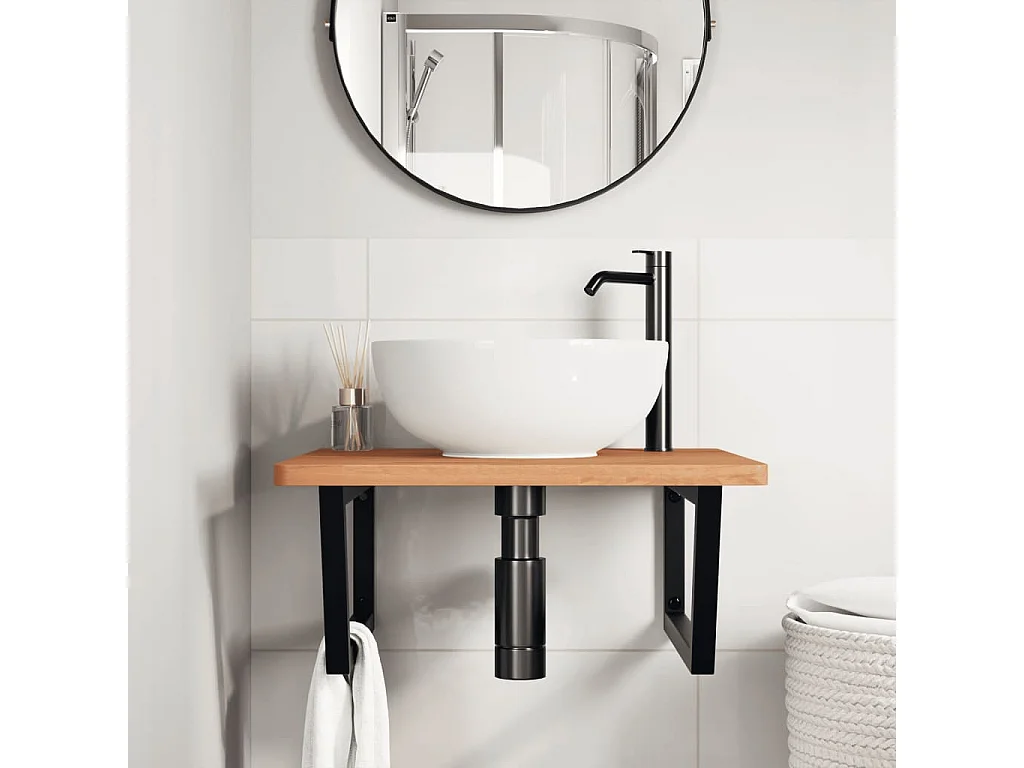 Ripiano a Parete per Lavabo in Acciaio e Massello di Faggio