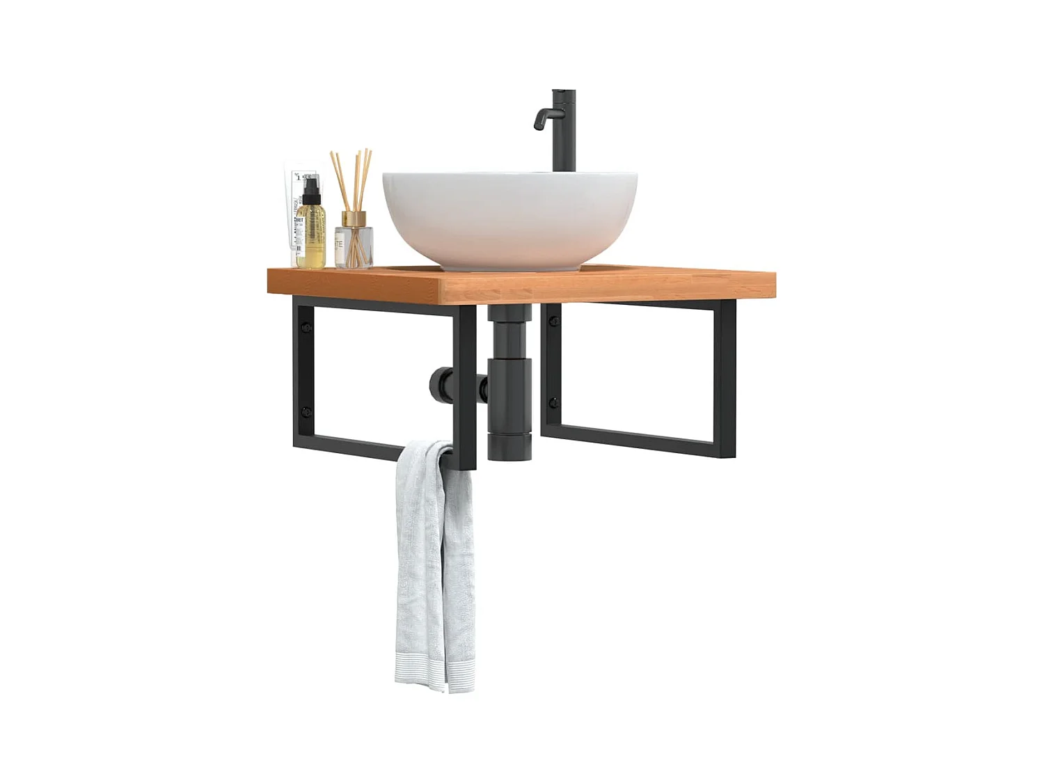 Ripiano a Parete per Lavabo in Acciaio e Massello di Faggio