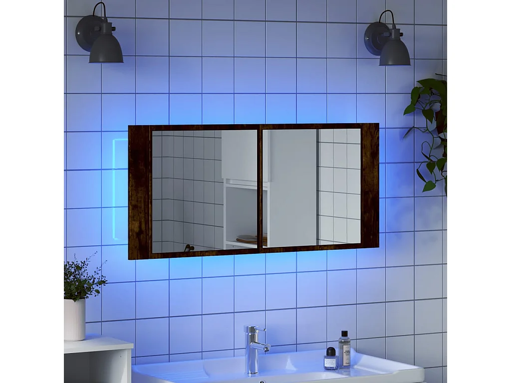 Armadietto a Specchio con LED Rovere Fumo 100x12x45 cm