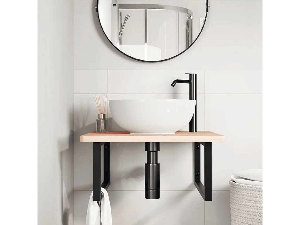 Étagère de vasque murale acier et bois massif de hêtre