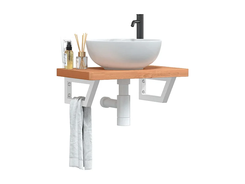 Waschbeckenregal Wandmontage Stahl und Massivholz Buche