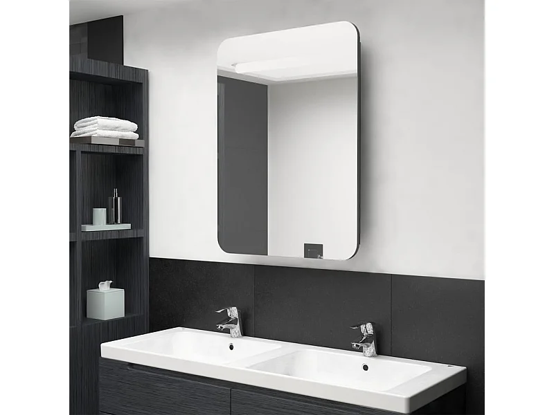 Armadietto Bagno con Specchio e LED Grigio Lucido 60x11x80 cm