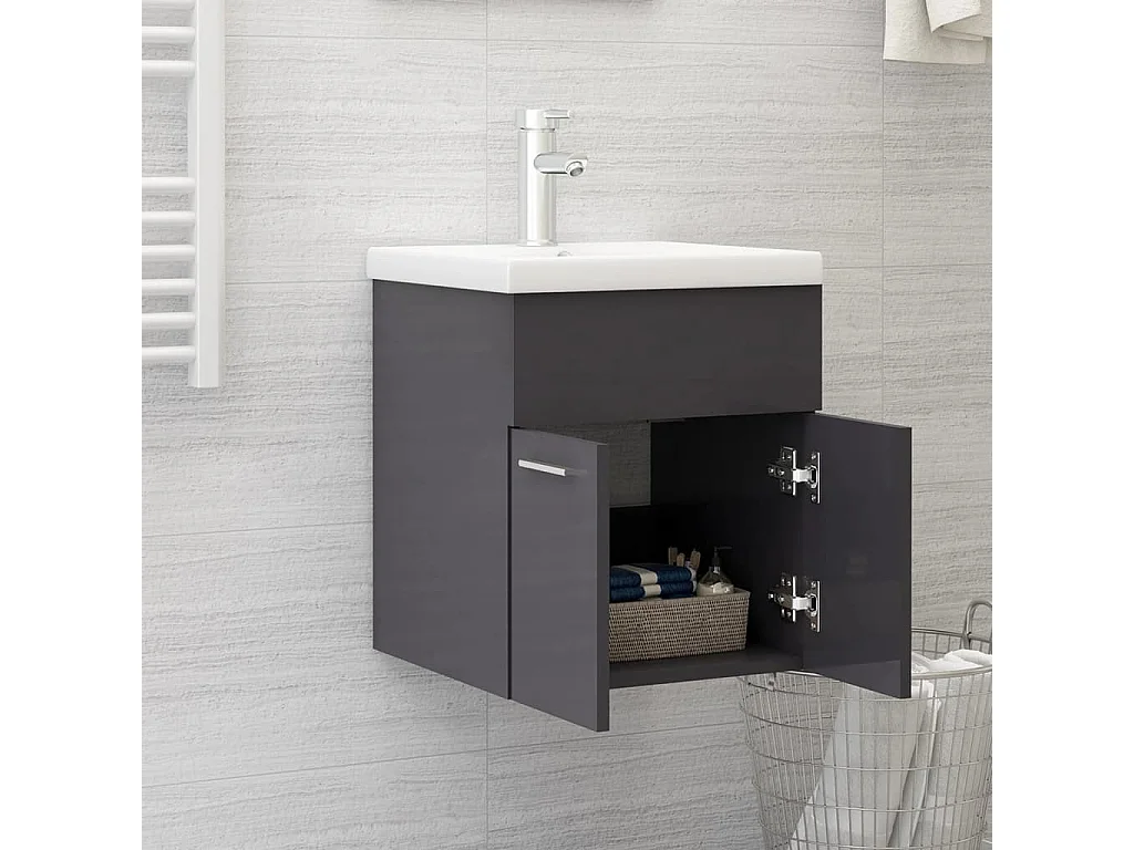 Armoire d'évier lavabo intégré gris brillant bois d'ingénierie