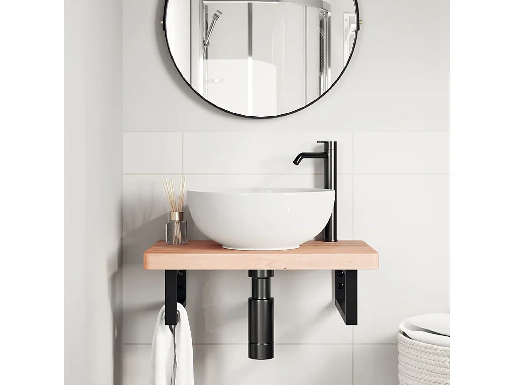 Waschbeckenregal Wandmontage Stahl und Massivholz Buche