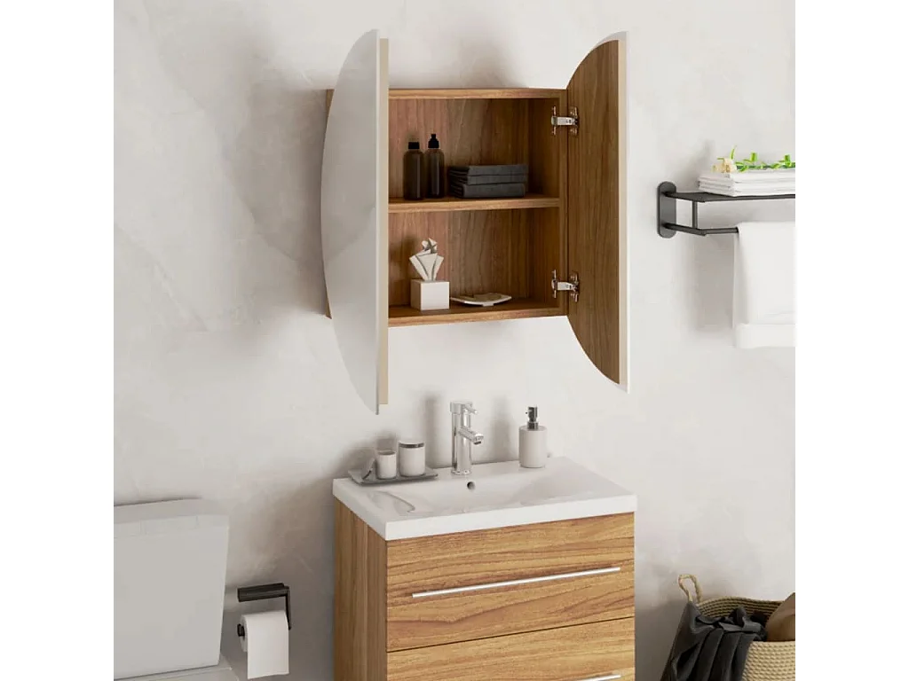Badezimmerschrank mit Rundem Spiegel & LED Eichen-Optik