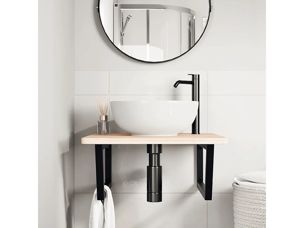 Ripiano a Parete per Lavabo in Acciaio e Massello di Rovere