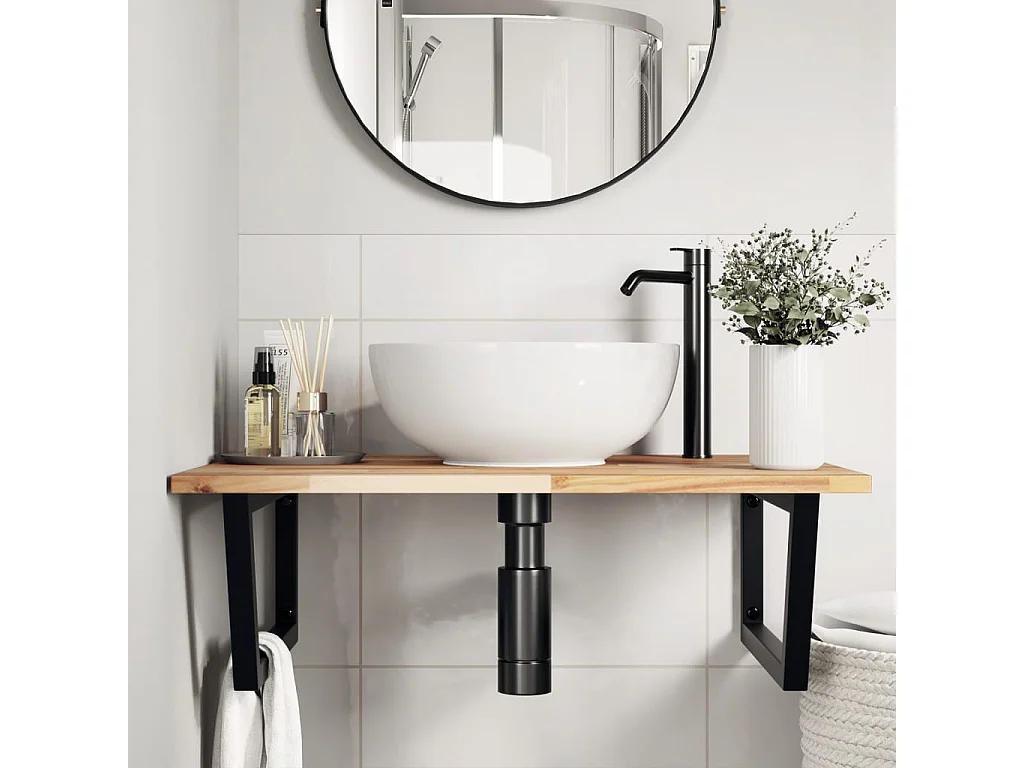 Ripiano a Parete per Lavabo in Acciaio e Massello di Acacia