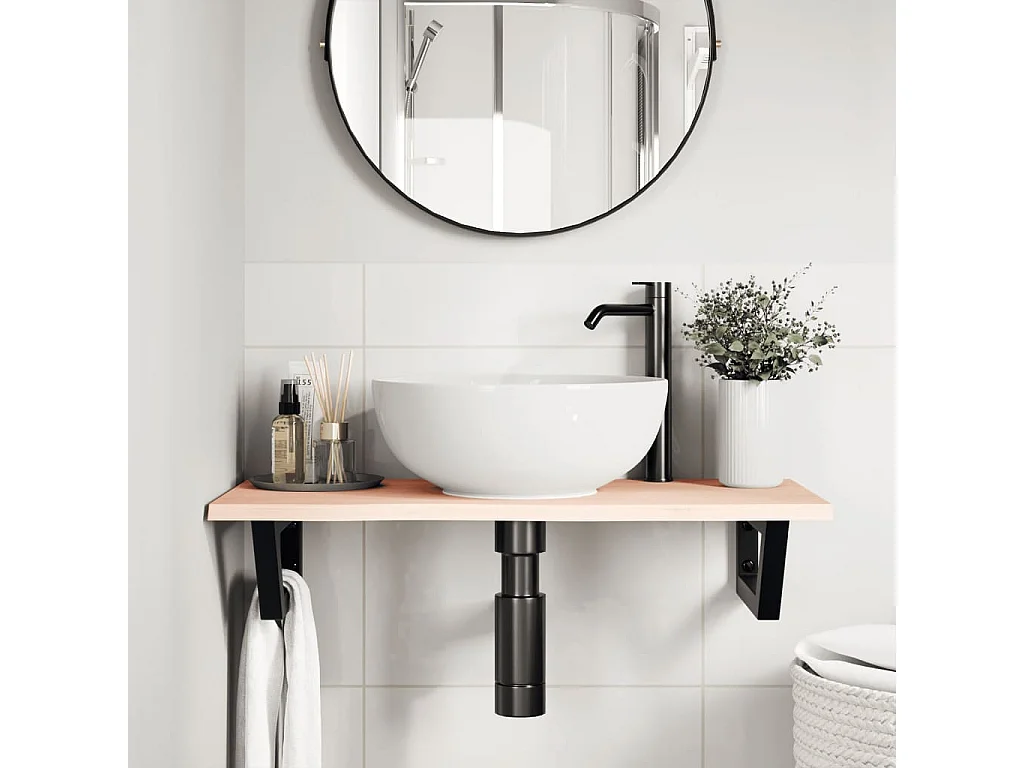 Étagère de vasque murale acier et bois de chêne massif