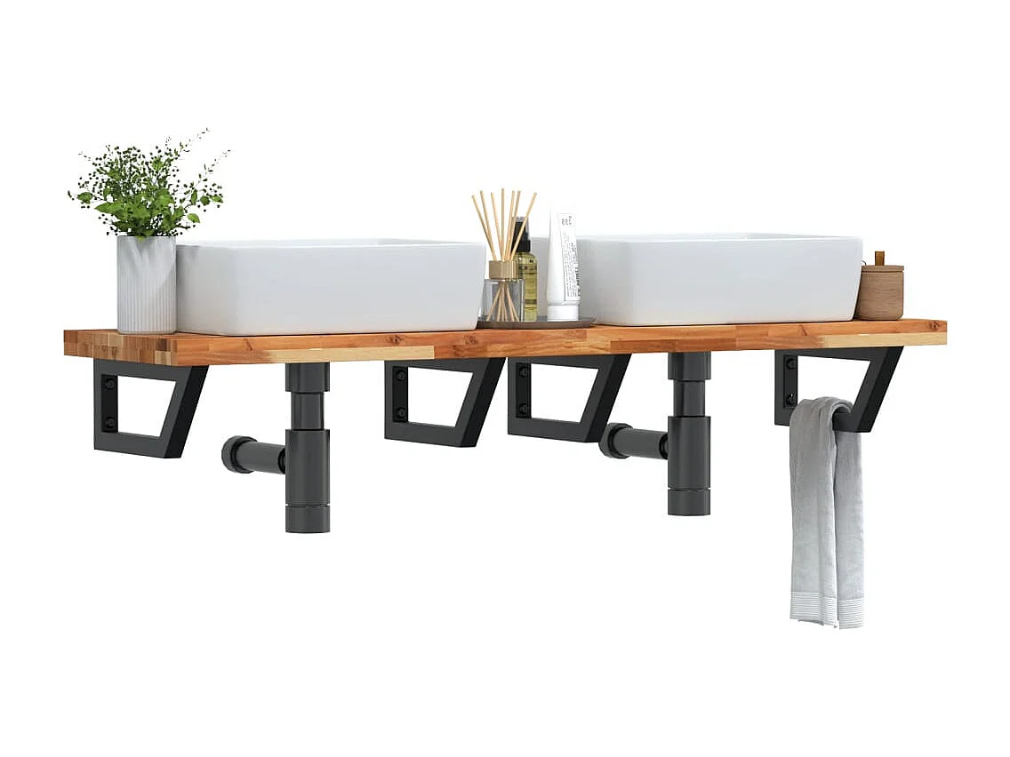 Ripiano a Parete per Lavabo in Acciaio e Massello di Acacia