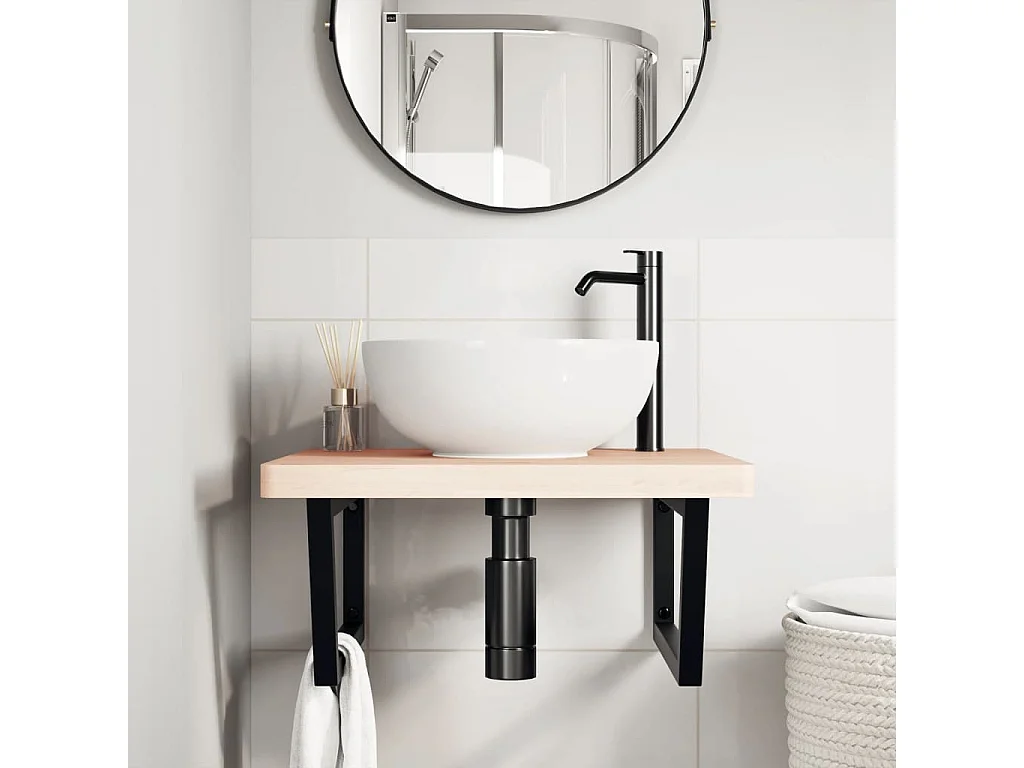 Ripiano a Parete per Lavabo in Acciaio e Massello di Faggio