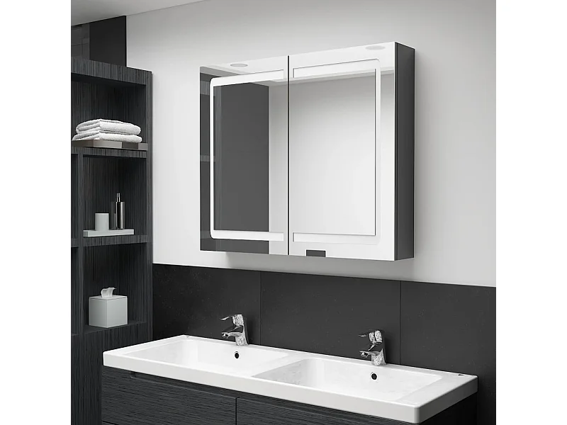 Armadietto Bagno con Specchio e LED Grigio Lucido 80x12x68 cm