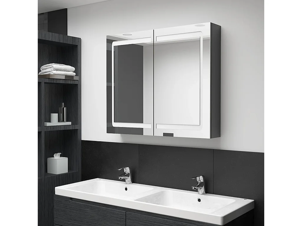 Armoire de salle de bain à miroir LED Gris brillant 80x12x68 cm