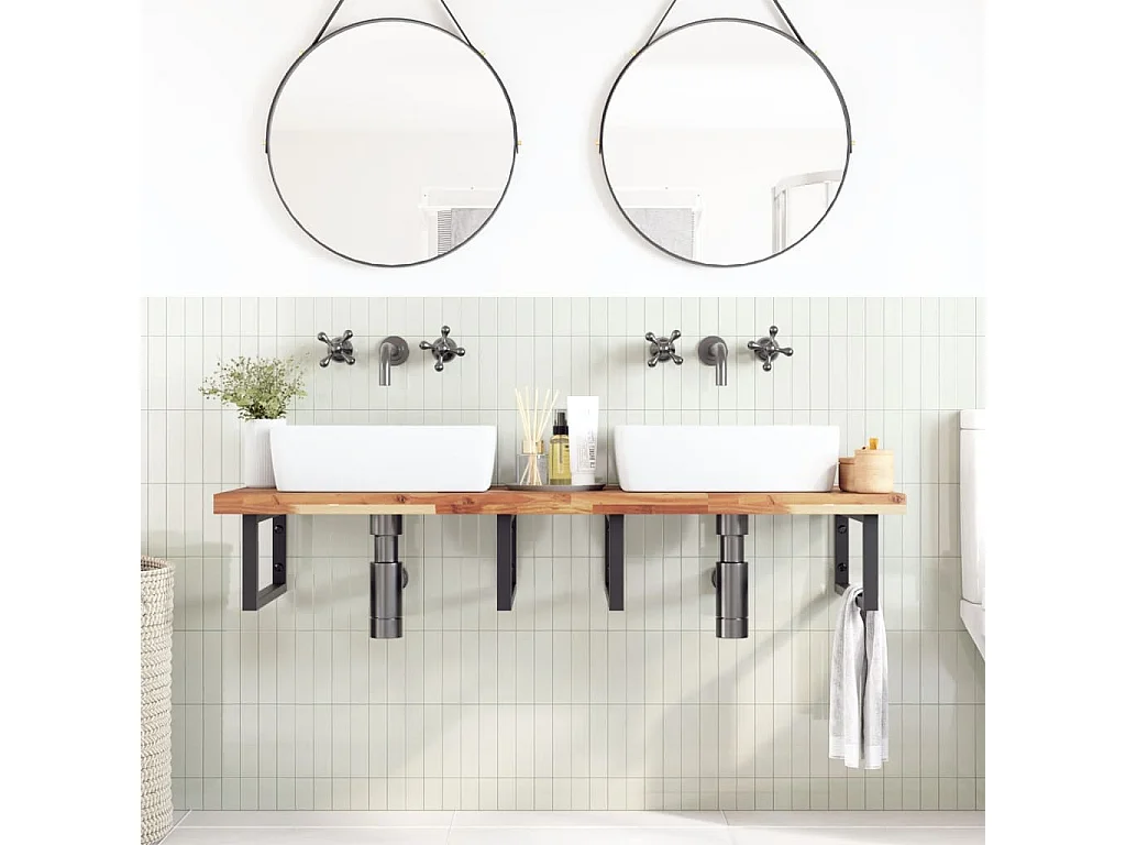 Ripiano a Parete per Lavabo in Acciaio e Massello di Acacia