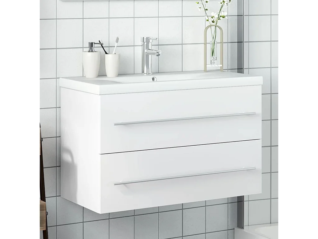 Armário de casa de banho com lavatório embutido branco