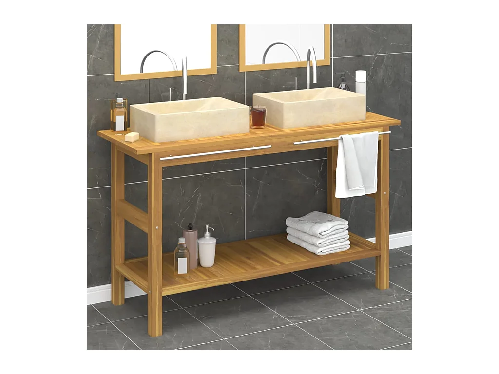 Armoire de salle de bain et lavabos en marbre crème Teck massif