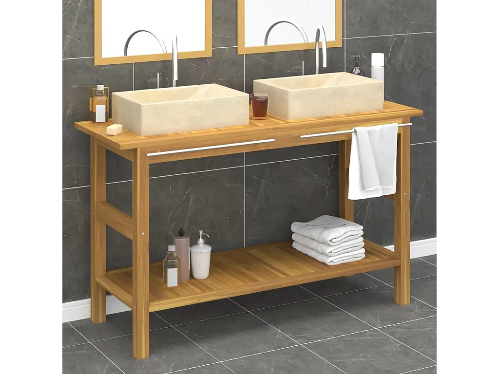 Armoire de salle de bain et lavabos en marbre crème Teck massif