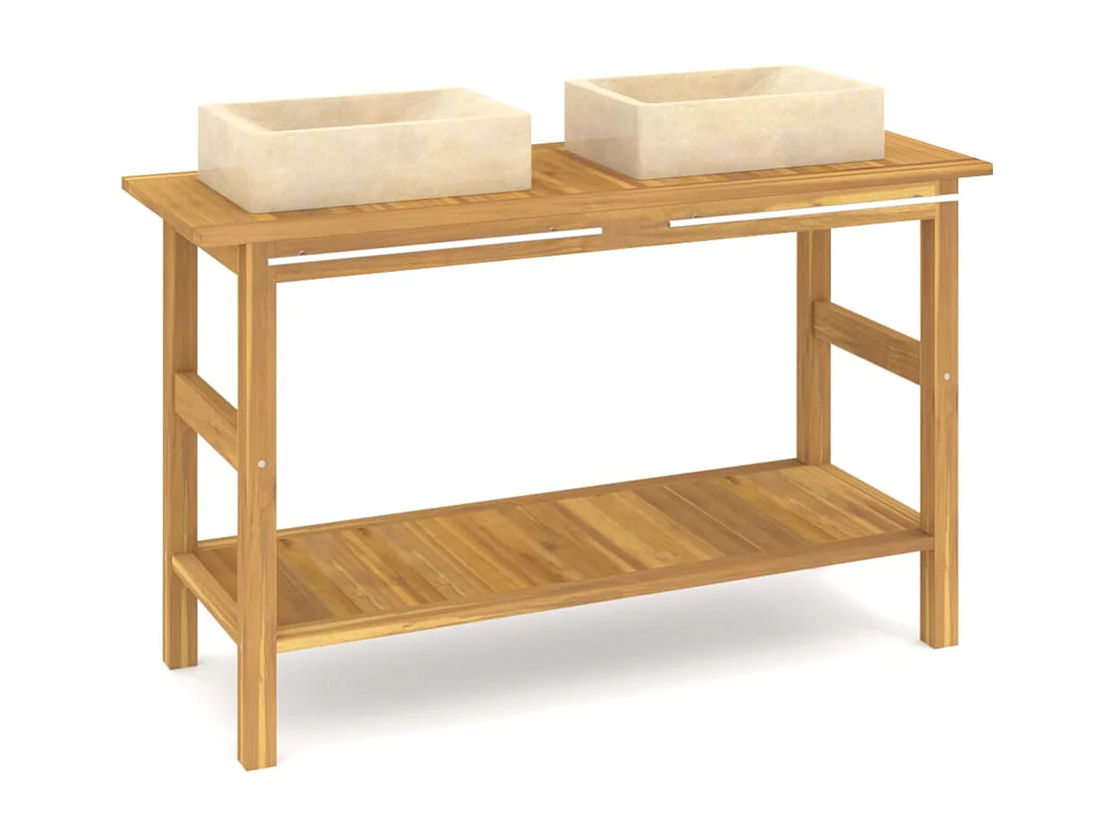 Armoire de salle de bain et lavabos en marbre crème Teck massif