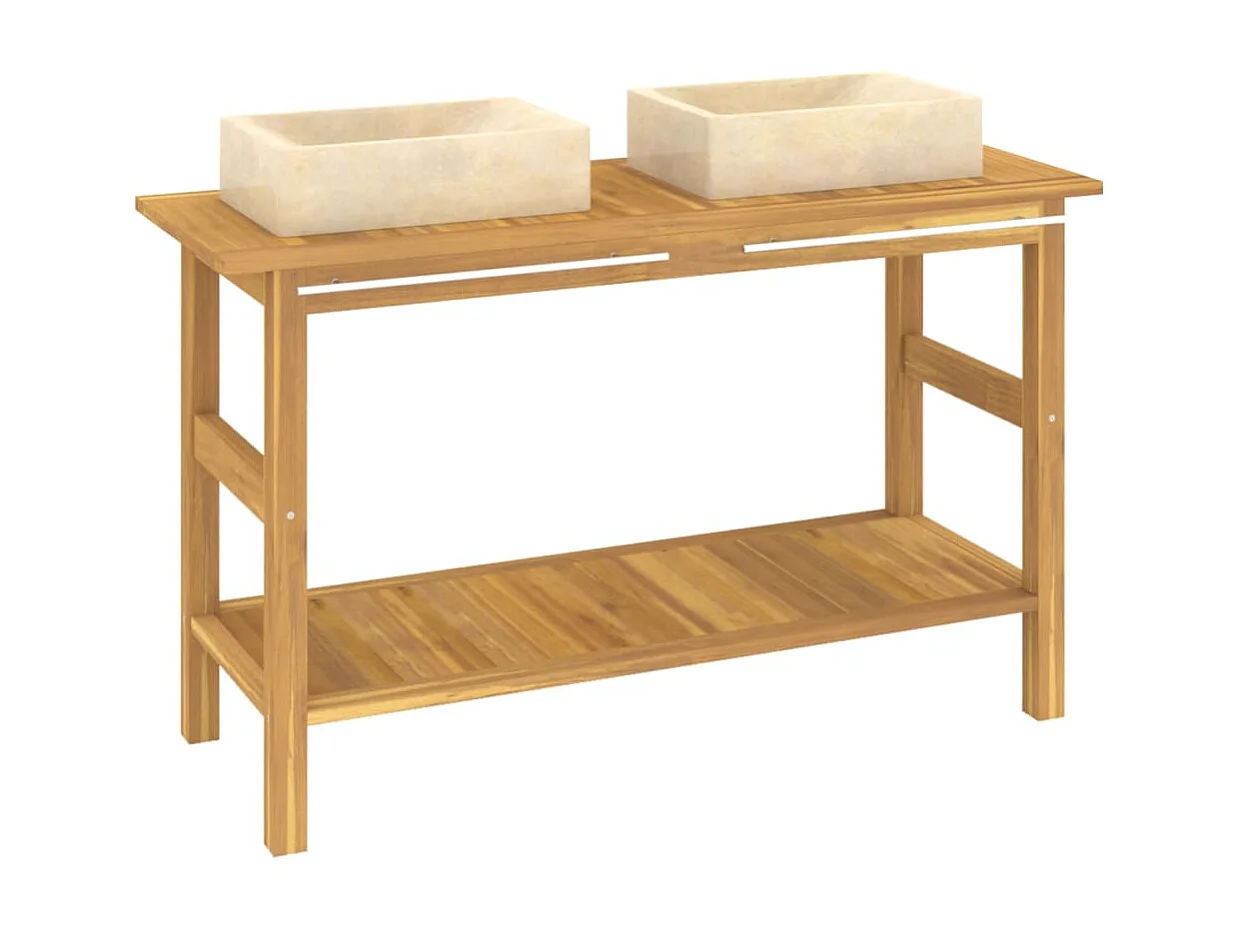 Armoire de salle de bain et lavabos en marbre crème Teck massif