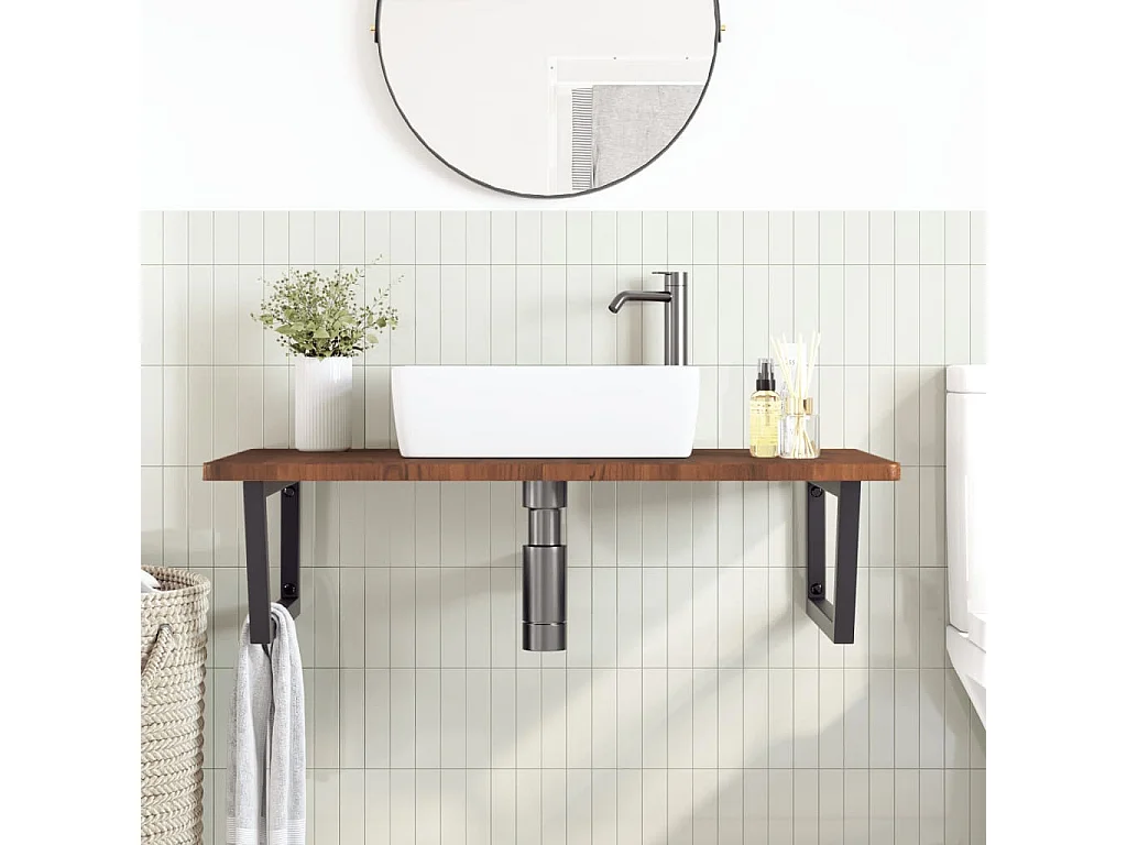 Estante de lavabo de pared de acero y madera maciza de roble