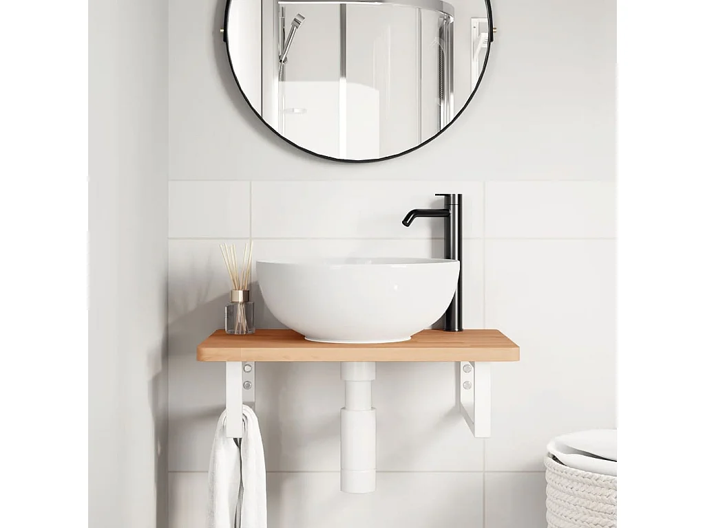 Ripiano a Parete per Lavabo in Acciaio e Massello di Faggio