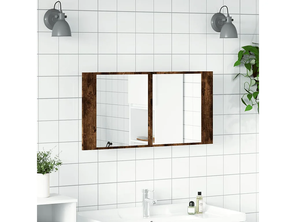 Armário WC c/ espelho e luzes LED acrílico carvalho fumado