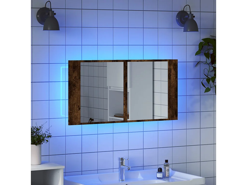 Armário WC c/ espelho e luzes LED acrílico carvalho fumado