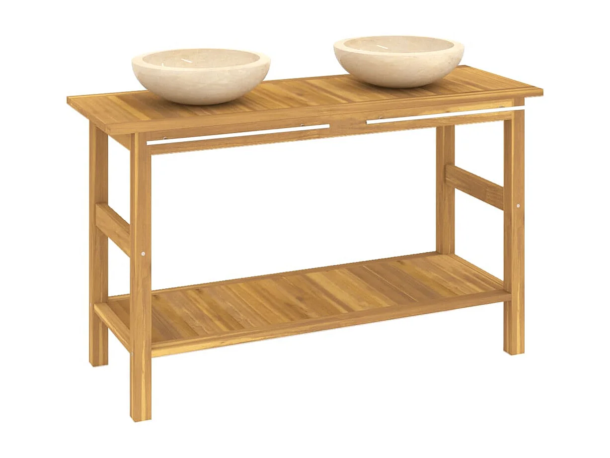 Armoire de salle de bain et lavabos en marbre crème Teck massif