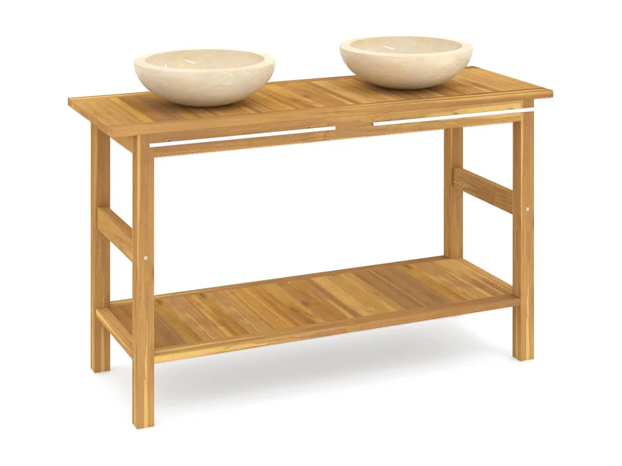 Armoire de salle de bain et lavabos en marbre crème Teck massif