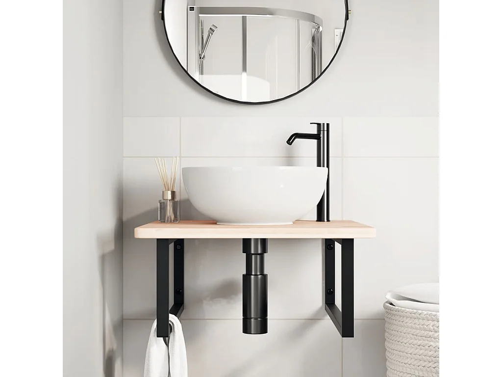 Étagère de vasque murale acier et bois de chêne massif