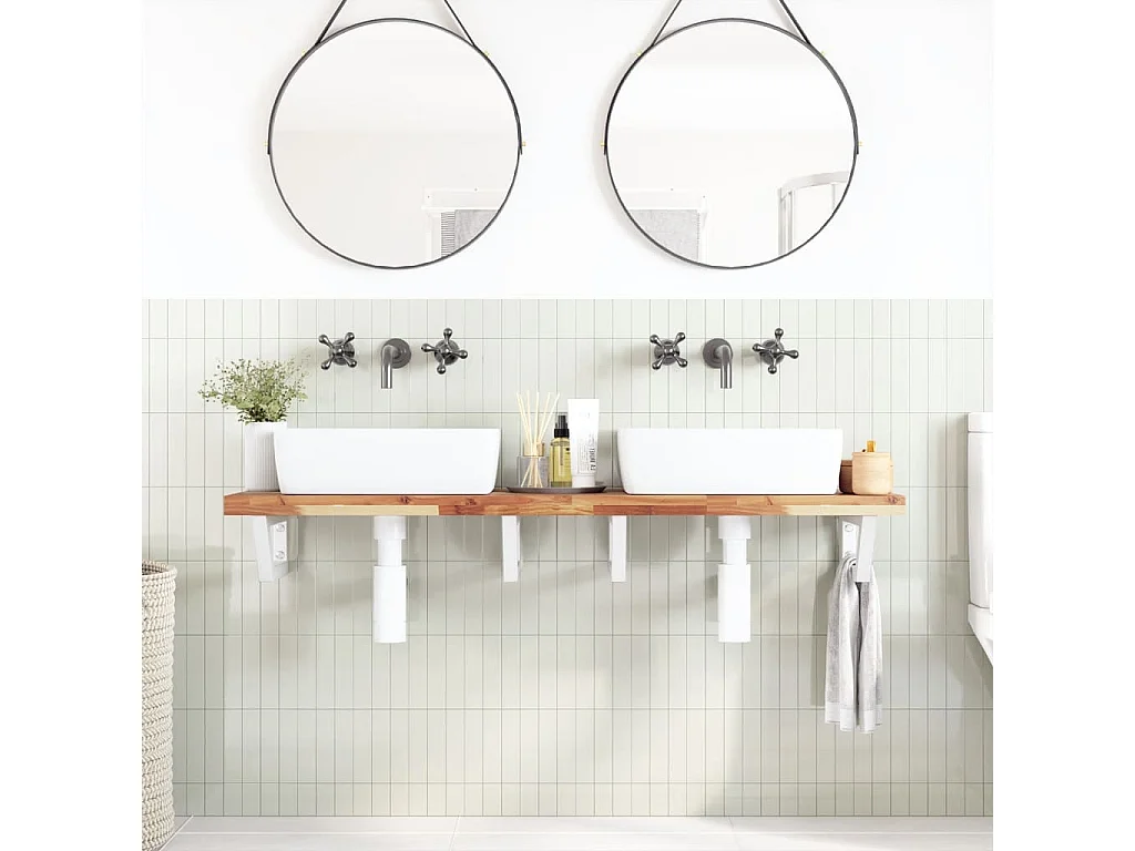 Ripiano a Parete per Lavabo in Acciaio e Massello di Acacia