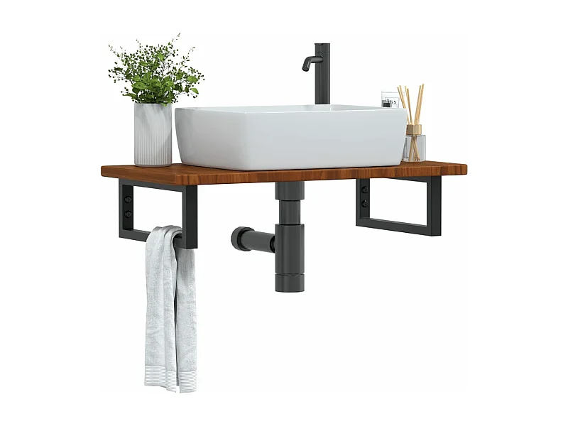 Estante de lavabo de pared de acero y madera maciza de roble