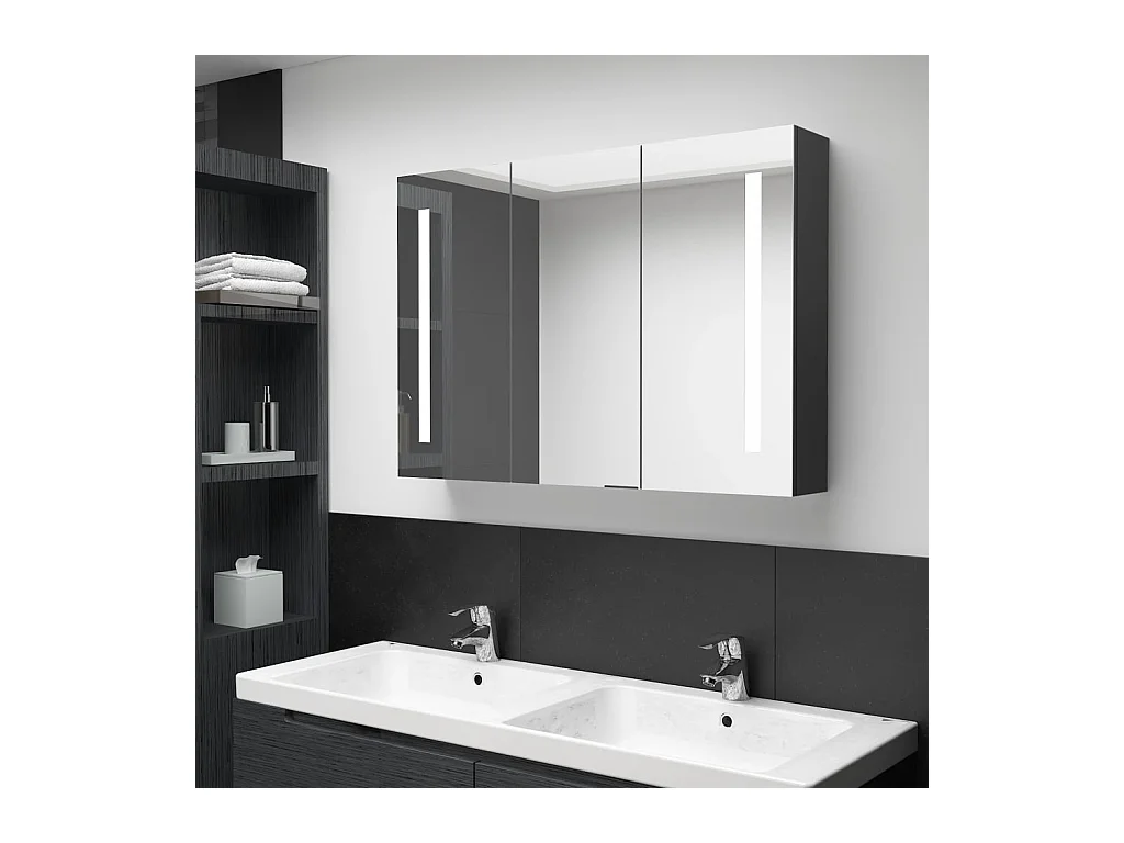 Armoire de salle de bain à miroir LED 89x14x62 cm noir brillant