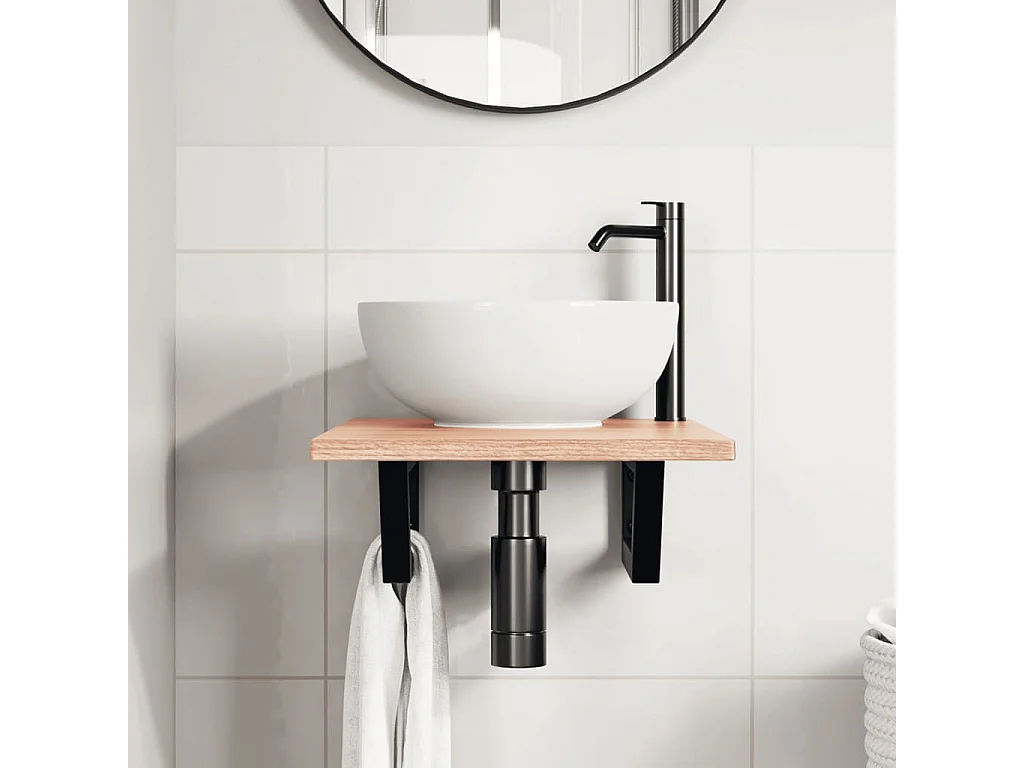 Ripiano a Parete per Lavabo in Acciaio e Massello di Rovere