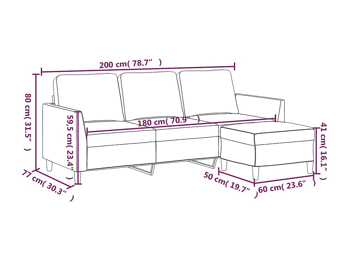 Divano a 3 Posti con Poggiapiedi Crema 180 cm in Similpelle