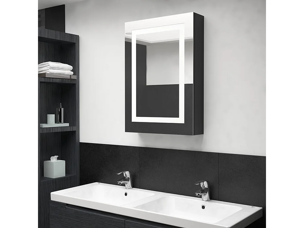 Armario de baño con espejo LED negro brillante 50x13x70 cm