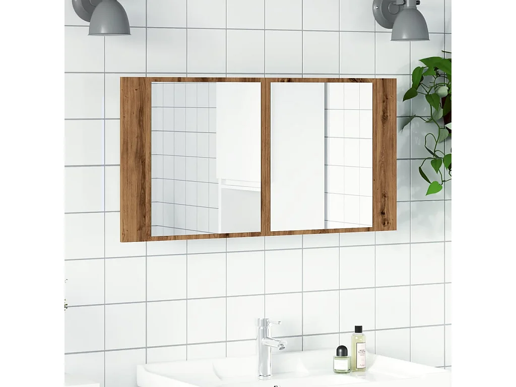 Spiegelkast LED 90x12x45 cm bewerkt hout artisanaal eikenkleur