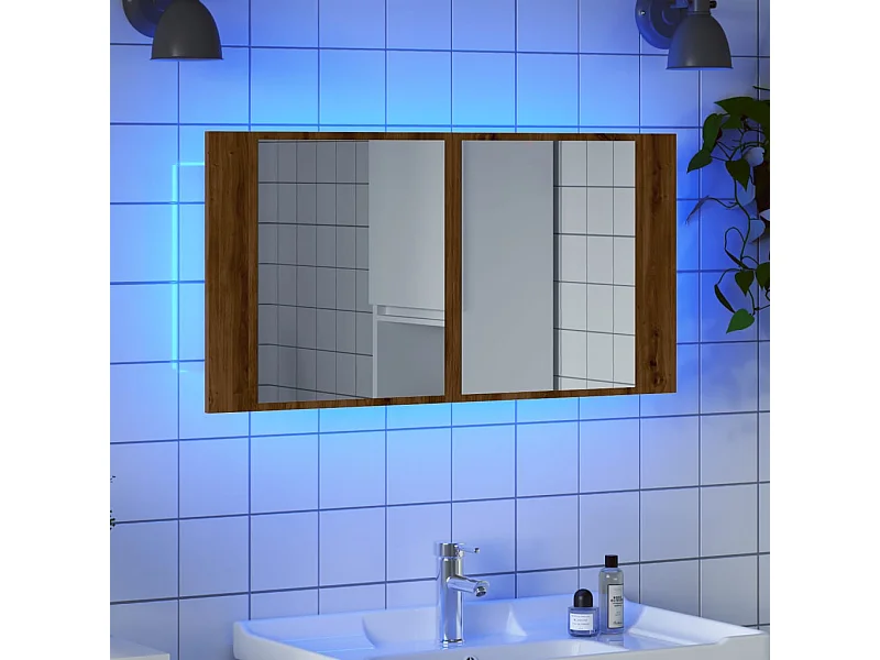 Spiegelkast LED 90x12x45 cm bewerkt hout artisanaal eikenkleur