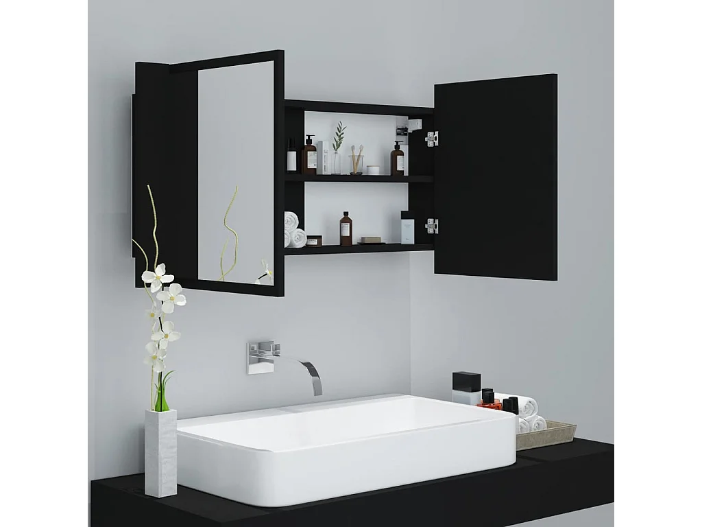Armadietto a Specchio con Luci LED Nero 90x12x45 cm in Acrilico