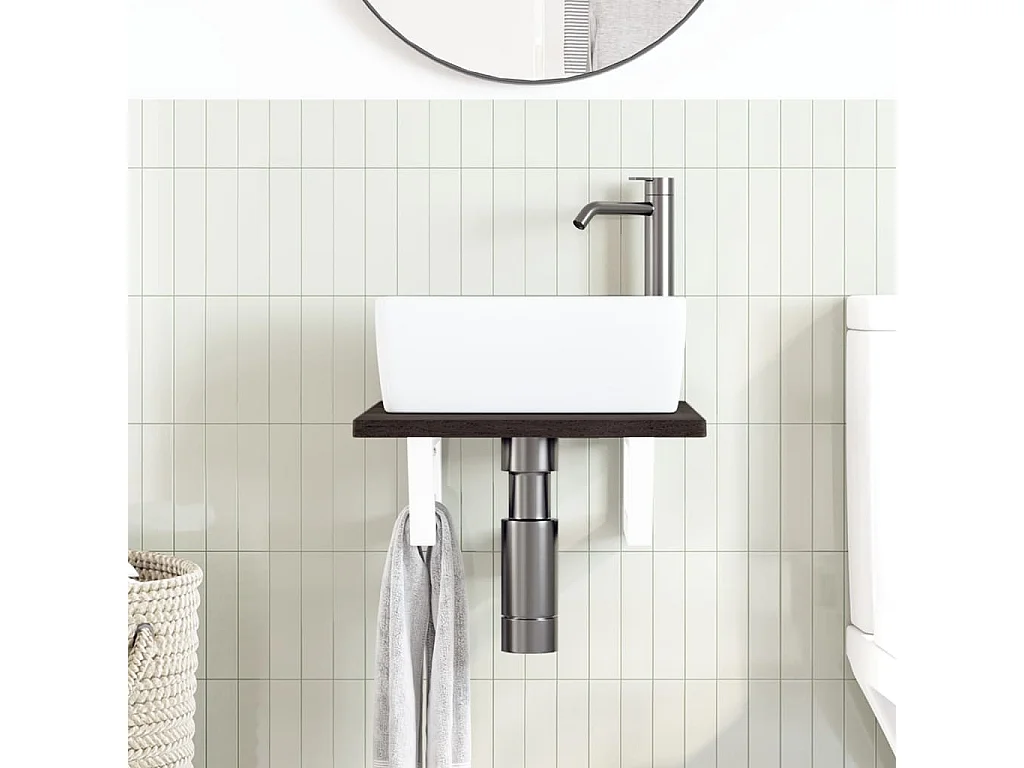 Estante de lavabo de pared de acero y madera maciza de roble