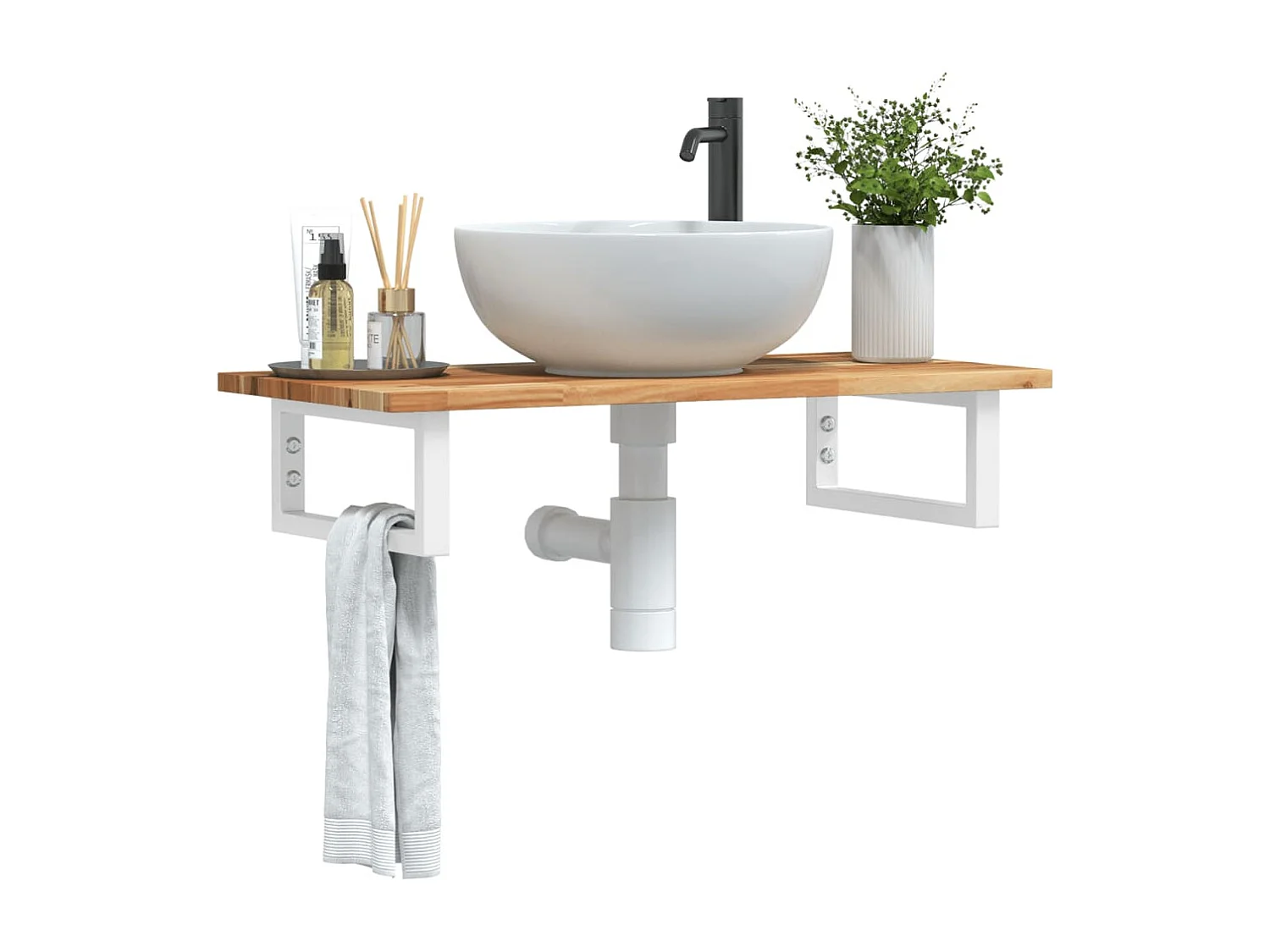 Ripiano a Parete per Lavabo in Acciaio e Massello di Acacia