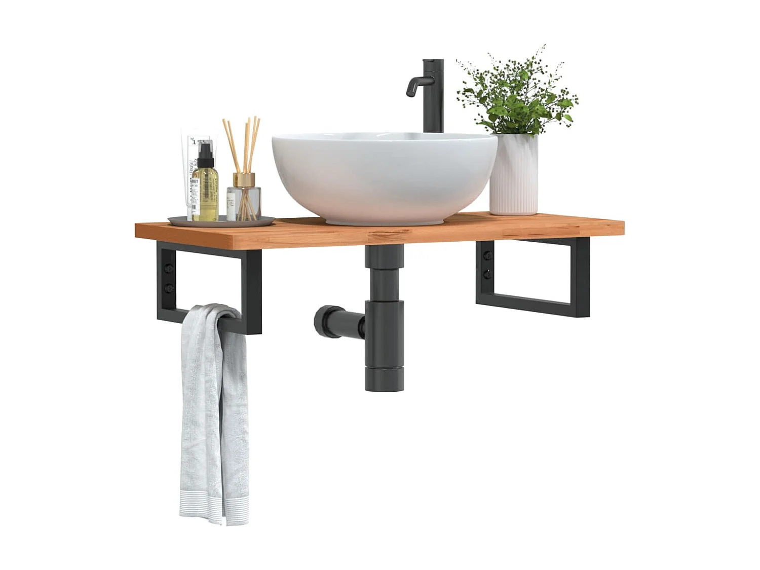 Waschbeckenregal Wandmontage Stahl und Massivholz Buche