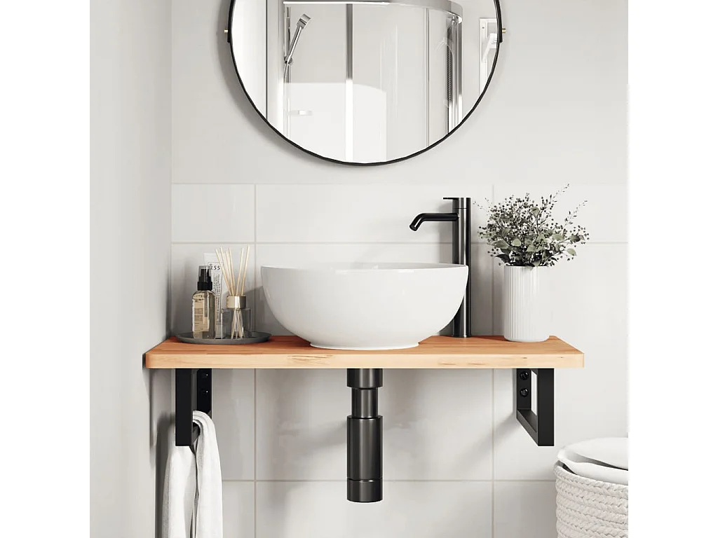 Waschbeckenregal Wandmontage Stahl und Massivholz Buche