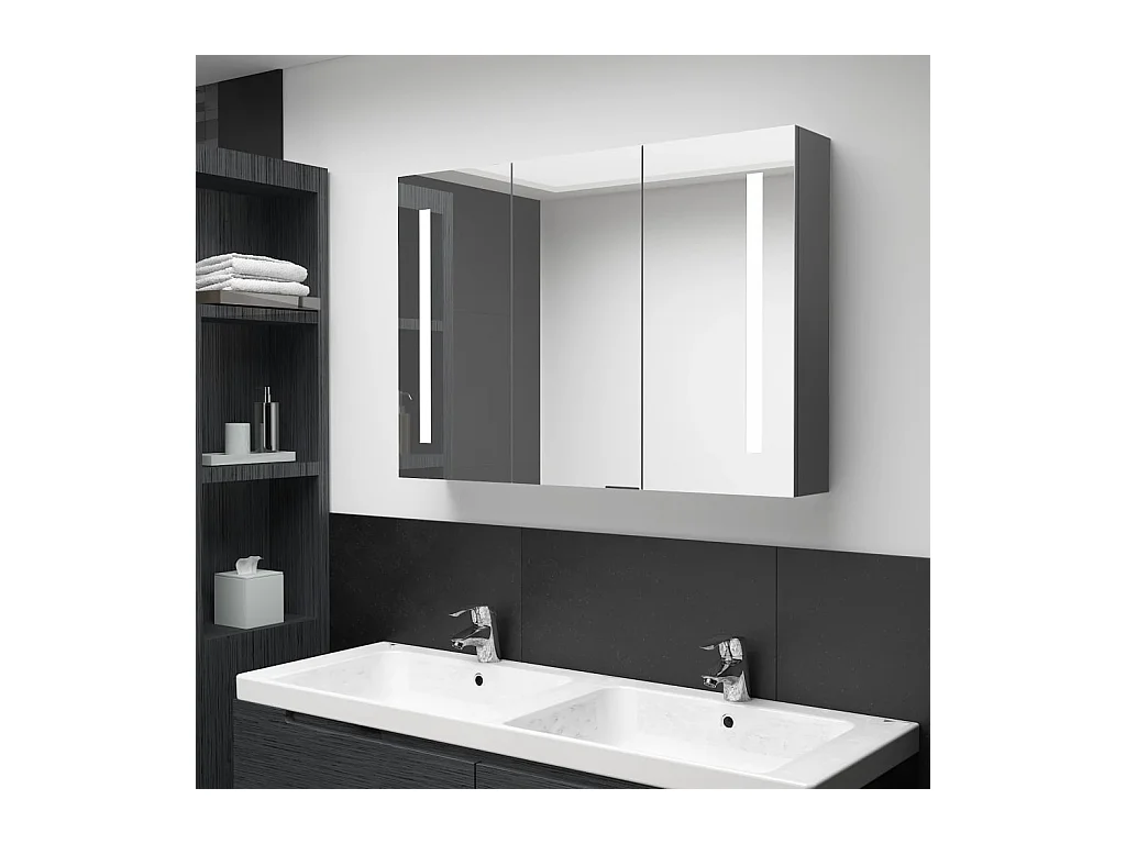 Armadietto Bagno con Specchio e LED 89x14x62 cm Grigio