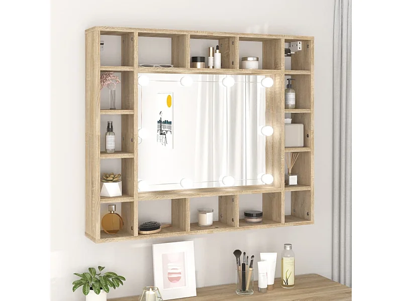 Mueble con espejo y LED color roble Sonoma 91x15x76,5 cm