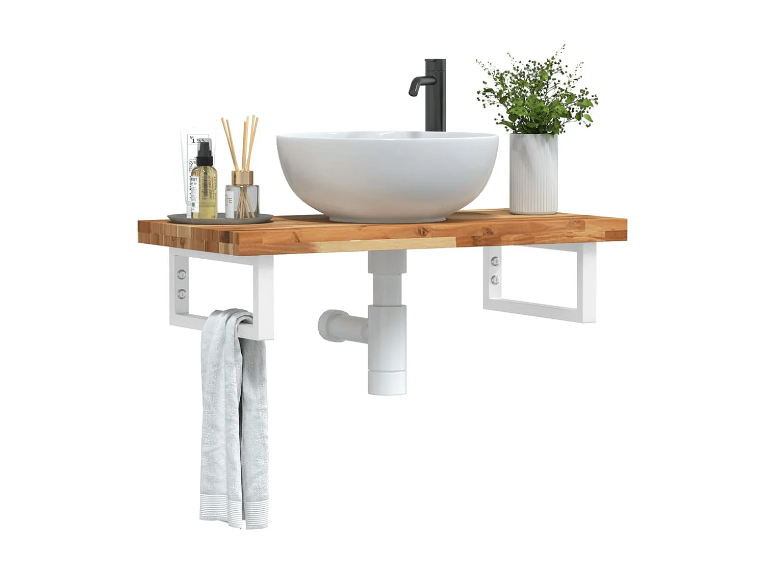 Estante de lavabo de pared acero y madera maciza de acacia