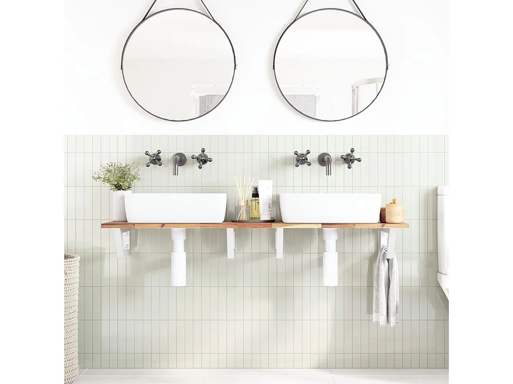 Ripiano a Parete per Lavabo in Acciaio e Massello di Acacia