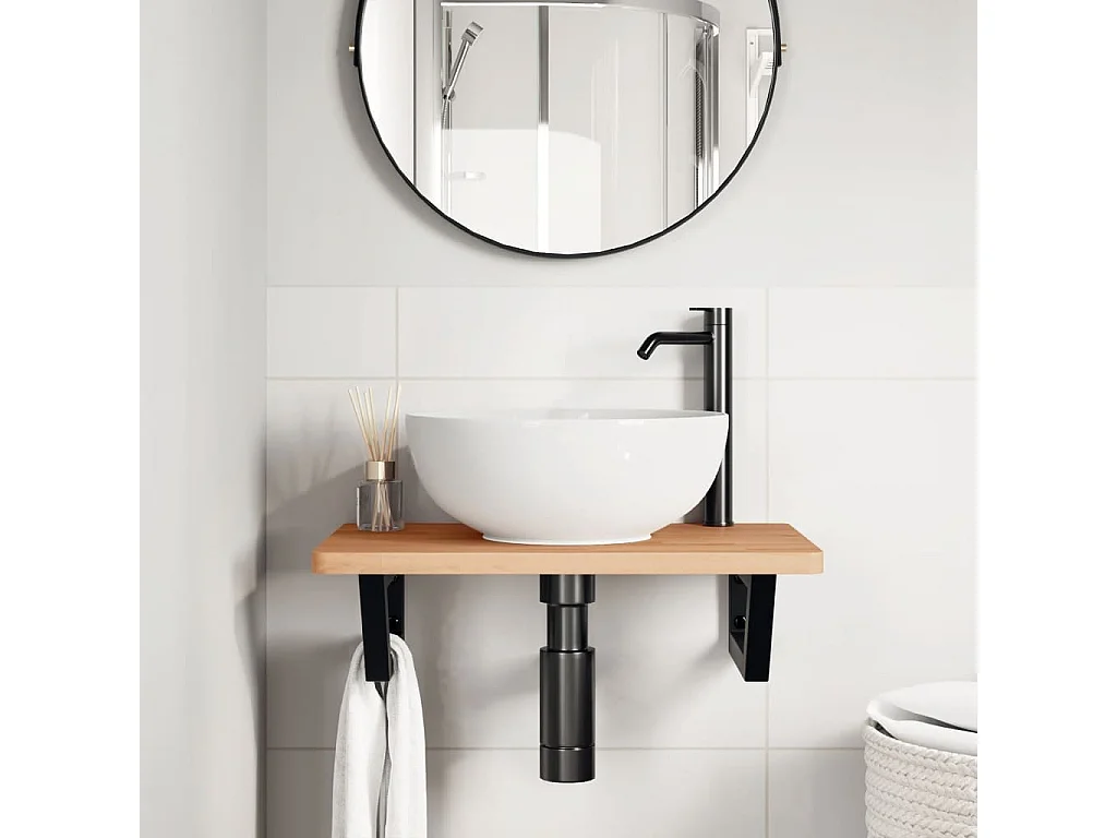 Ripiano a Parete per Lavabo in Acciaio e Massello di Faggio